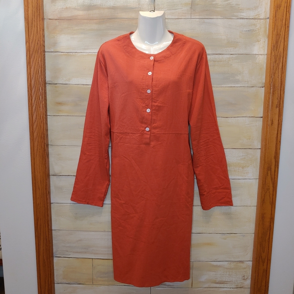 Women comfy maxi Shirt Dress long sleeve cotton boho cottagecore rust orange XXL